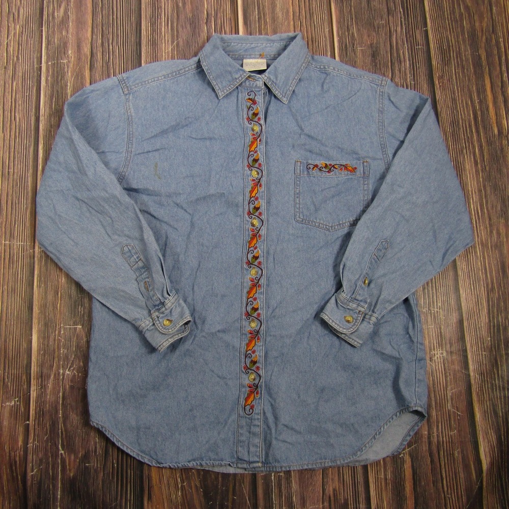 Style Studio Womens S Blue Denim Button Up Tunic Long Sleeve Embroidered